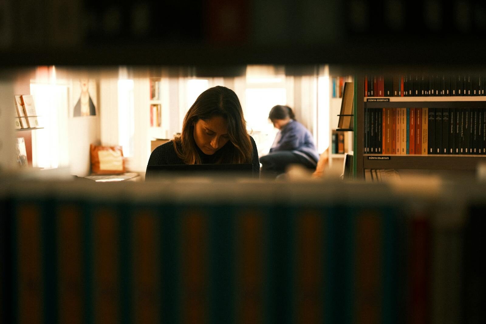 Two women immersed in study within a quiet, cozy library environment.