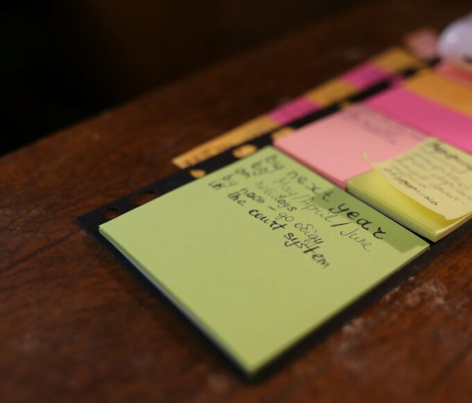 green sticky note on brown surface