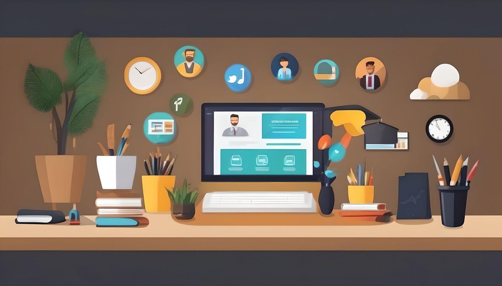 a desktop computer sitting on top of a wooden desk