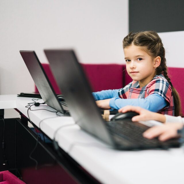 Young girl with braided hair using a laptop computer